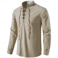 Outlet OUKU Men's Shirt Viking Style Summer Shirt Beach Wear Pirate Shirt Solid Color Vacation Holiday White Navy Blue Sky Blue Green Long Sleeve Stand Collar Summer Spring Clothing Apparel Medieval Knight