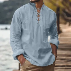 Outlet OUKU Men's Shirt Viking Style Summer Shirt Beach Wear Pirate Shirt Solid Color Vacation Holiday White Navy Blue Sky Blue Green Long Sleeve Stand Collar Summer Spring Clothing Apparel Medieval Knight
