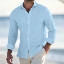Outlet OUKU Men's Shirt Waffle Shirt Summer Shirt Casual Shirt Button Up Shirt Black White Blue khaki Long Sleeve Plain Lapel Vacation Daily Clothing Apparel Fashion Casual Comfortable