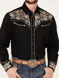 Best OUKU Men's Shirt Western Shirt Cowboy Shirt Long Sleeve Western Style Outdoor Street Casual Daily Fall & Winter Turndown Buttons Print Black