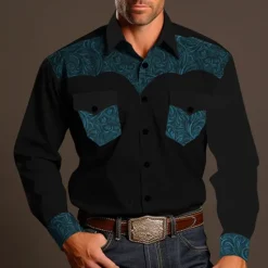 New OUKU Men's Shirt Western Shirt Cowboy Shirt Long Sleeve Vintage Western Style Outdoor Street Casual Daily Fall & Winter Turndown Buttons Print Blue Brown