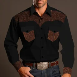 New OUKU Men's Shirt Western Shirt Cowboy Shirt Long Sleeve Vintage Western Style Outdoor Street Casual Daily Fall & Winter Turndown Buttons Print Blue Brown