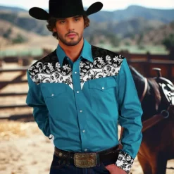Sale OUKU Men's Shirt Western Shirt Cowboy Shirt Long Sleeve Western Style Formal Summer Spring Fall Blue