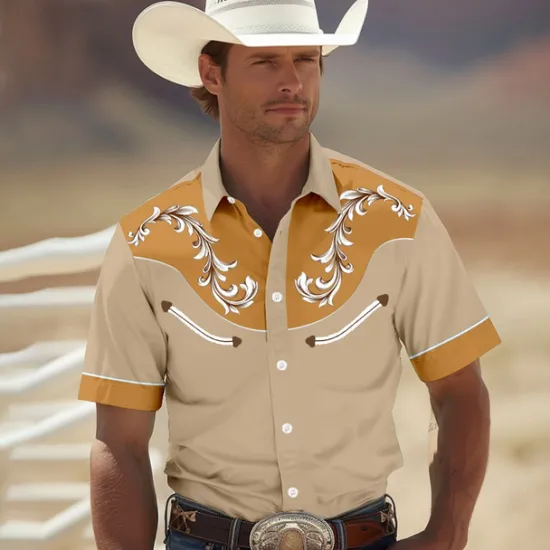 OUKU Men's Shirt Western Shirt Cowboy Shirt Short Sleeve Western Style Tribal Summer Spring Shirt Collar Yellow Green Khaki Dark Blue