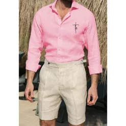 Discount OUKU Men's Shirt White Cotton Shirt Casual Shirt Cotton Shirt Cross Vacation Hawaiian Black White Pink Gray Long Sleeve Lapel Spring & Fall Clothing Apparel Button-Down