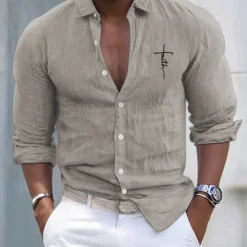 Discount OUKU Men's Shirt White Cotton Shirt Casual Shirt Cotton Shirt Cross Vacation Hawaiian Black White Pink Gray Long Sleeve Lapel Spring & Fall Clothing Apparel Button-Down