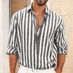 Outlet OUKU Men's Shirt White Cotton Shirt Casual Shirt Cotton Linen Shirt Striped Shirts Stripe Vacation Hawaiian Black Pink Red Navy Blue Long Sleeve Turndown Spring & Fall Clothing Apparel Button-Down