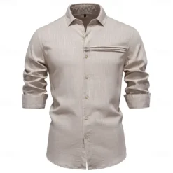 Online OUKU Men's Shirt White Navy Blue khaki Long Sleeve Solid Color Standing Collar Outdoor Causal Ruched Clothing Apparel Daily Casual Daily Leisure