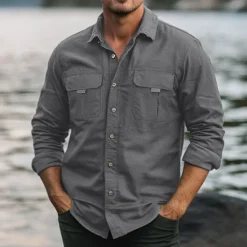 Hot OUKU Men's Shirt Work Shirt Button Up Shirt Cargo Shirt Black Green khaki Light Grey Long Sleeve Plain Lapel Vacation Holiday Front Pocket Clothing Apparel Fashion Casual Comfortable