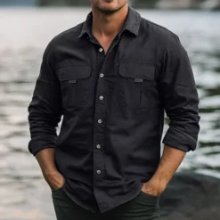 Hot OUKU Men's Shirt Work Shirt Button Up Shirt Cargo Shirt Black Green khaki Light Grey Long Sleeve Plain Lapel Vacation Holiday Front Pocket Clothing Apparel Fashion Casual Comfortable