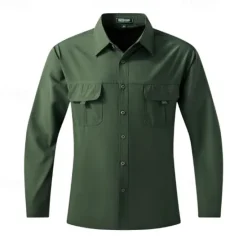 Hot OUKU Men's Shirt Work Shirt Button Up Shirt Cargo Shirt Black Green khaki Light Grey Long Sleeve Plain Lapel Vacation Holiday Front Pocket Clothing Apparel Fashion Casual Comfortable