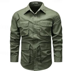 Sale OUKU Men's Shirt Workwear Shirts Casual Shirt Work Shirt Button Up Shirt Cargo Shirt Black khaki Army Green Long Sleeve Plain Turndown Vacation Holiday Front Pocket Clothing Apparel Fashion Casual
