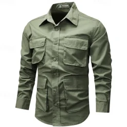 Sale OUKU Men's Shirt Workwear Shirts Casual Shirt Work Shirt Button Up Shirt Cargo Shirt Black khaki Army Green Long Sleeve Plain Turndown Vacation Holiday Front Pocket Clothing Apparel Fashion Casual