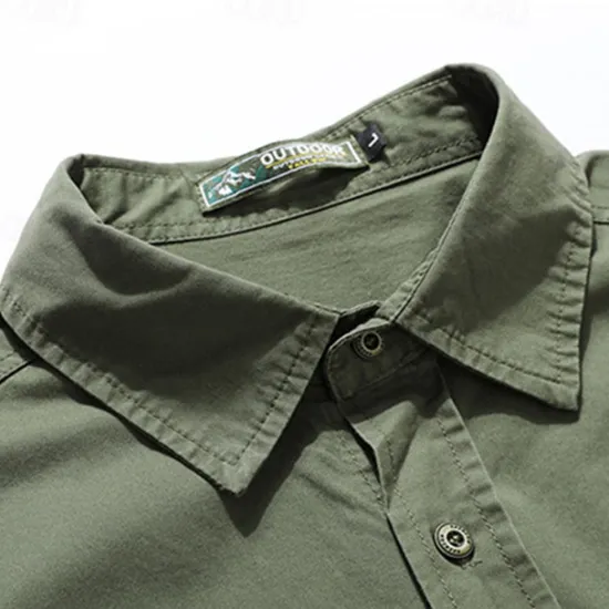 Sale OUKU Men's Shirt Workwear Shirts Casual Shirt Work Shirt Button Up Shirt Cargo Shirt Black khaki Army Green Long Sleeve Plain Turndown Vacation Holiday Front Pocket Clothing Apparel Fashion Casual