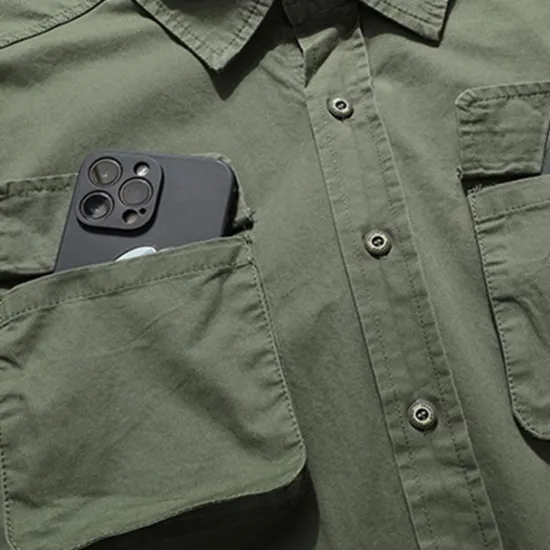 Sale OUKU Men's Shirt Workwear Shirts Casual Shirt Work Shirt Button Up Shirt Cargo Shirt Black khaki Army Green Long Sleeve Plain Turndown Vacation Holiday Front Pocket Clothing Apparel Fashion Casual