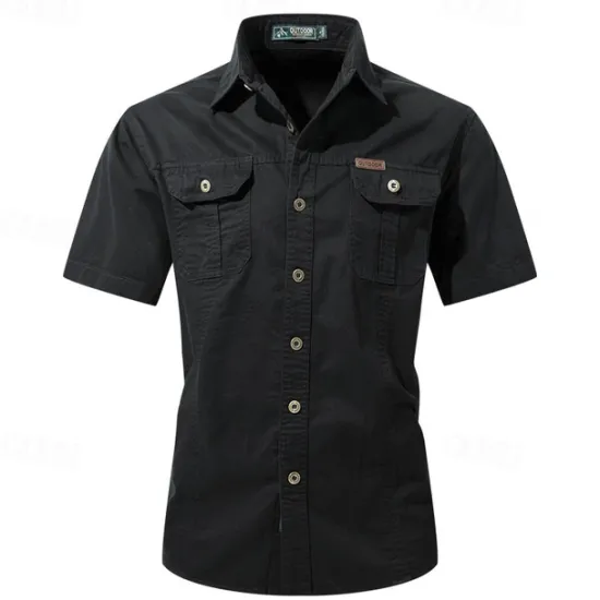 OUKU Men's Shirt Workwear Shirts Casual Shirt Work Shirt Button Up Shirt Black Blue khaki Army Green Gray Short Sleeve Plain Lapel Vacation Holiday Pocket Clothing Apparel 100% Cotton Fashion Casual