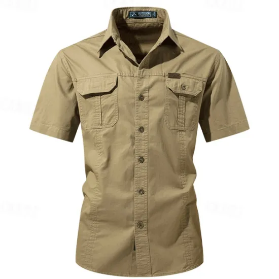 OUKU Men's Shirt Workwear Shirts Casual Shirt Work Shirt Button Up Shirt Black Blue khaki Army Green Gray Short Sleeve Plain Lapel Vacation Holiday Pocket Clothing Apparel 100% Cotton Fashion Casual