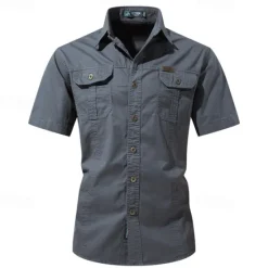 OUKU Men's Shirt Workwear Shirts Casual Shirt Work Shirt Button Up Shirt Black Blue khaki Army Green Gray Short Sleeve Plain Lapel Vacation Holiday Pocket Clothing Apparel 100% Cotton Fashion Casual