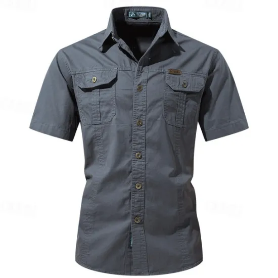 OUKU Men's Shirt Workwear Shirts Casual Shirt Work Shirt Button Up Shirt Black Blue khaki Army Green Gray Short Sleeve Plain Lapel Vacation Holiday Pocket Clothing Apparel 100% Cotton Fashion Casual