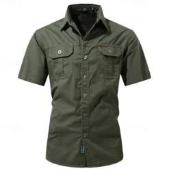 OUKU Men's Shirt Workwear Shirts Casual Shirt Work Shirt Button Up Shirt Black Blue khaki Army Green Gray Short Sleeve Plain Lapel Vacation Holiday Pocket Clothing Apparel 100% Cotton Fashion Casual