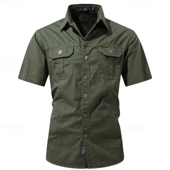 OUKU Men's Shirt Workwear Shirts Casual Shirt Work Shirt Button Up Shirt Black Blue khaki Army Green Gray Short Sleeve Plain Lapel Vacation Holiday Pocket Clothing Apparel 100% Cotton Fashion Casual