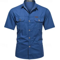 OUKU Men's Shirt Workwear Shirts Casual Shirt Work Shirt Button Up Shirt Black Blue khaki Army Green Gray Short Sleeve Plain Lapel Vacation Holiday Pocket Clothing Apparel 100% Cotton Fashion Casual