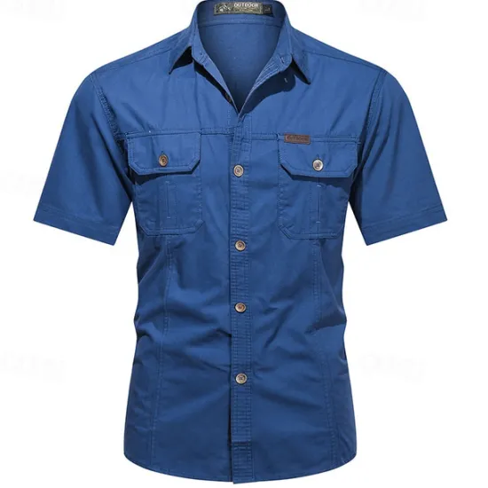 OUKU Men's Shirt Workwear Shirts Casual Shirt Work Shirt Button Up Shirt Black Blue khaki Army Green Gray Short Sleeve Plain Lapel Vacation Holiday Pocket Clothing Apparel 100% Cotton Fashion Casual