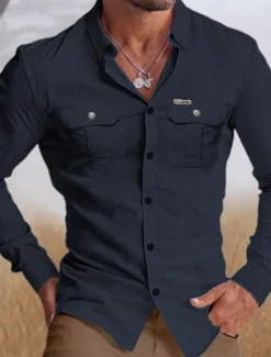OUKU Men's Shirt Workwear Shirts Casual Shirt Work Shirt Button Up Shirt Cargo Shirt White Navy Blue Green khaki Long Sleeve Graphic Prints Turndown Vacation Street Print Clothing Apparel Cotton Cotton