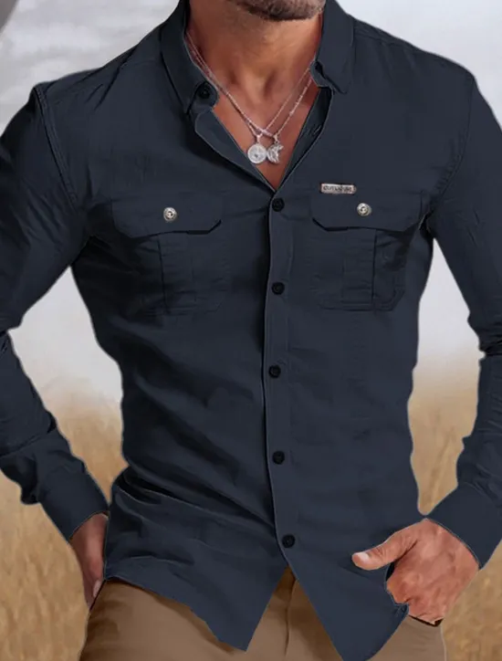 OUKU Men's Shirt Workwear Shirts Casual Shirt Work Shirt Button Up Shirt Cargo Shirt White Navy Blue Green khaki Long Sleeve Graphic Prints Turndown Vacation Street Print Clothing Apparel Cotton Cotton