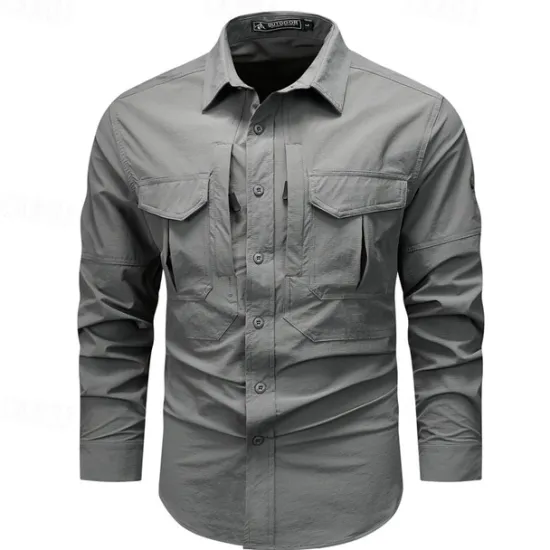 Hot OUKU Men's Shirt Workwear Shirts Work Shirt Button Up Shirt Cargo Shirt Black khaki Army Green Gray Long Sleeve Plain Turndown Vacation Holiday Front Pocket Clothing Apparel Fashion Casual Comfortable