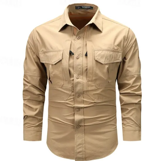 Hot OUKU Men's Shirt Workwear Shirts Work Shirt Button Up Shirt Cargo Shirt Black khaki Army Green Gray Long Sleeve Plain Turndown Vacation Holiday Front Pocket Clothing Apparel Fashion Casual Comfortable