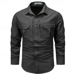 Hot OUKU Men's Shirt Workwear Shirts Work Shirt Button Up Shirt Cargo Shirt Black khaki Army Green Gray Long Sleeve Plain Turndown Vacation Holiday Front Pocket Clothing Apparel Fashion Casual Comfortable