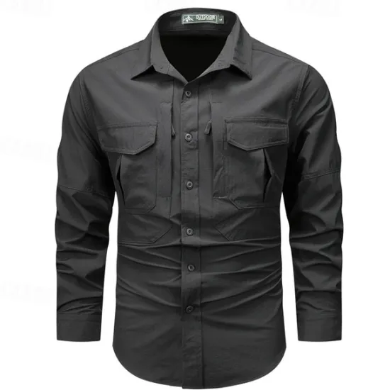 Hot OUKU Men's Shirt Workwear Shirts Work Shirt Button Up Shirt Cargo Shirt Black khaki Army Green Gray Long Sleeve Plain Turndown Vacation Holiday Front Pocket Clothing Apparel Fashion Casual Comfortable