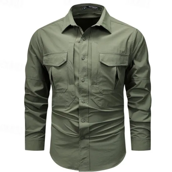 Hot OUKU Men's Shirt Workwear Shirts Work Shirt Button Up Shirt Cargo Shirt Black khaki Army Green Gray Long Sleeve Plain Turndown Vacation Holiday Front Pocket Clothing Apparel Fashion Casual Comfortable