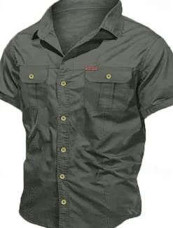 Hot OUKU Men's Shirt Workwear Shirts Casual Shirt Work Shirt Button Up Shirt Cargo Shirt Black Navy Blue khaki Army Green Beige Short Sleeve Plain Turndown Vacation Going out Button-Down Clothing Apparel 100