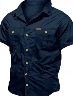 Hot OUKU Men's Shirt Workwear Shirts Casual Shirt Work Shirt Button Up Shirt Cargo Shirt Black Navy Blue khaki Army Green Beige Short Sleeve Plain Turndown Vacation Going out Button-Down Clothing Apparel 100