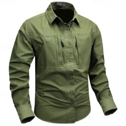 Online OUKU Men's Shirt Workwear Shirts Casual Shirt Work Shirt Button Up Shirt Cargo Shirt Black khaki Army Green Gray Long Sleeve Plain Turndown Vacation Holiday Front Pocket Clothing Apparel Fashion Casual