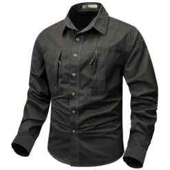 Online OUKU Men's Shirt Workwear Shirts Casual Shirt Work Shirt Button Up Shirt Cargo Shirt Black khaki Army Green Gray Long Sleeve Plain Turndown Vacation Holiday Front Pocket Clothing Apparel Fashion Casual