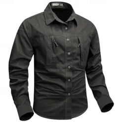 Online OUKU Men's Shirt Workwear Shirts Casual Shirt Work Shirt Button Up Shirt Cargo Shirt Black khaki Army Green Gray Long Sleeve Plain Turndown Vacation Holiday Front Pocket Clothing Apparel Fashion Casual