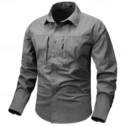 Online OUKU Men's Shirt Workwear Shirts Casual Shirt Work Shirt Button Up Shirt Cargo Shirt Black khaki Army Green Gray Long Sleeve Plain Turndown Vacation Holiday Front Pocket Clothing Apparel Fashion Casual