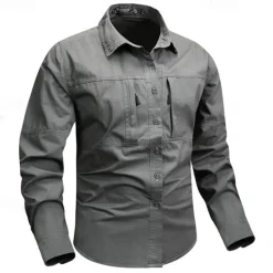 Online OUKU Men's Shirt Workwear Shirts Casual Shirt Work Shirt Button Up Shirt Cargo Shirt Black khaki Army Green Gray Long Sleeve Plain Turndown Vacation Holiday Front Pocket Clothing Apparel Fashion Casual