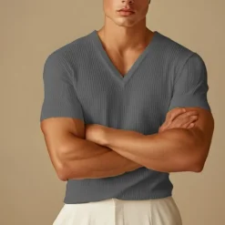 Sale OUKU Men's Short Sleeve Shirt Ribbed Knit tee Tee Top Short Sleeve V Neck Summer Fall Winter Solid Color Pit Strip Sports Daily Classic Style Outdoor Casual Light Blue Black White Top Tee for Men