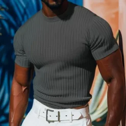 Sale OUKU Men's Short Sleeve Shirt Ribbed Knit tee Tee Top Short Sleeve Crew Neck Summer Spring & Summer Solid Color Pit Strip Sports Daily Ribbed Outdoor Casual Dark Grey White Royal Blue Top Tee for Men