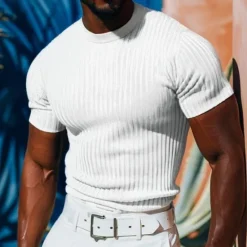 Sale OUKU Men's Short Sleeve Shirt Ribbed Knit tee Tee Top Short Sleeve Crew Neck Summer Spring & Summer Solid Color Pit Strip Sports Daily Ribbed Outdoor Casual Dark Grey White Royal Blue Top Tee for Men