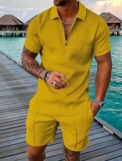 Sale OUKU Men's Shorts and T Shirt Set Zip Polo Golf Shirt Turndown Streetwear Sportswear Casual Short Sleeve Black Yellow Pink Red Navy Blue Blue Waves Geometry Turndown Zip Going out Zipper Clothing Clothes