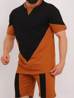 Best OUKU Men's Shorts and T Shirt Set Short Sleeves Crew Neck Summer Color Block Stylish Modern Contemporary Comfortable 2 Piece Vacation Casual Daily Black White Red Top Tee for Men