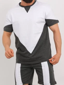 Best OUKU Men's Shorts and T Shirt Set Short Sleeves Crew Neck Summer Color Block Stylish Modern Contemporary Comfortable 2 Piece Vacation Casual Daily Black White Red Top Tee for Men