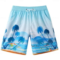Discount OUKU Men's Shorts Beach Shorts Pocket Drawstring Elastic Waist Graphic Leaf Tree Breathable Quick Dry Knee Length Outdoor Vacation Home Vacation Ethnic Style Lake blue Dark Blue / Red Micro-elastic