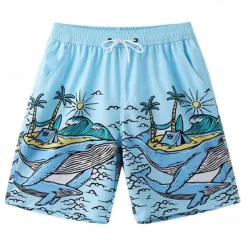 Discount OUKU Men's Shorts Beach Shorts Pocket Drawstring Elastic Waist Graphic Leaf Tree Breathable Quick Dry Knee Length Outdoor Vacation Home Vacation Ethnic Style Lake blue Dark Blue / Red Micro-elastic