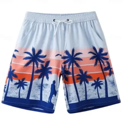 Discount OUKU Men's Shorts Beach Shorts Pocket Drawstring Elastic Waist Graphic Leaf Tree Breathable Quick Dry Knee Length Outdoor Vacation Home Vacation Ethnic Style Lake blue Dark Blue / Red Micro-elastic